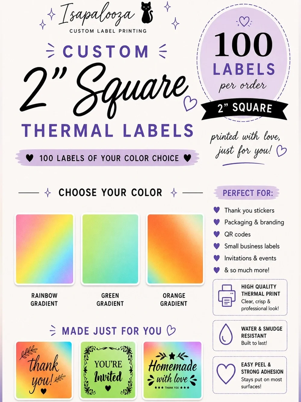 100 Custom 2” Square Thermal Labels - Choose Color